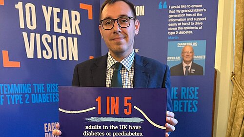 Tom Gordon Holding a sign about Diabetes prevalence in the UK