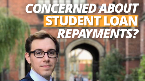 Tom stood in front of his Uni as a student with the words "concerned about student loan repayment?" written above 