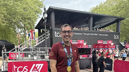 Tom Gordon MP at finish line of London marathon 