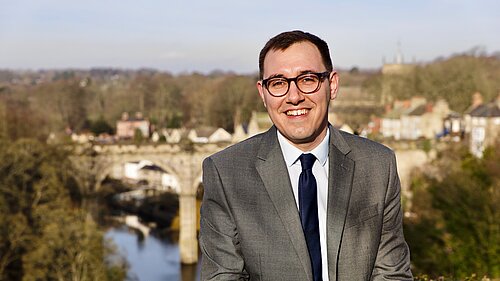 Tom Gordon sat at Knaresborough castle overlooking the Nidd and Knaresborough viaduct