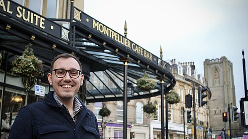 Tom Gordon MP outside Betty's Tea Room Harrogate