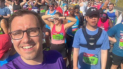 Tom Gordon stood amongst other runners waiting to start at the Great North Run 2024