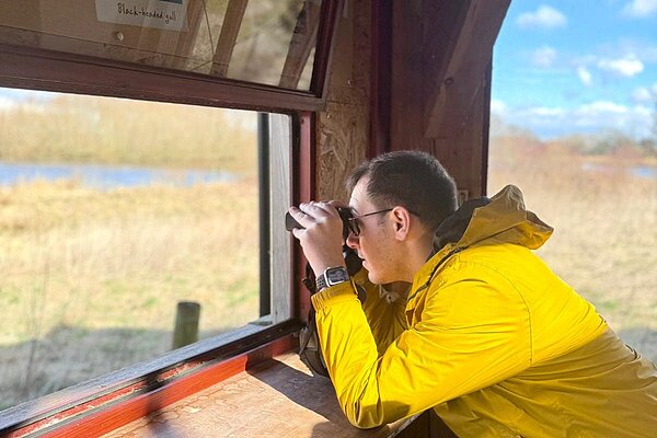 Tom Gordon sat in a bird hide with binoculars looking out at birds