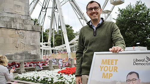 Tom Gordon MP by Harrogate Ferris wheel 